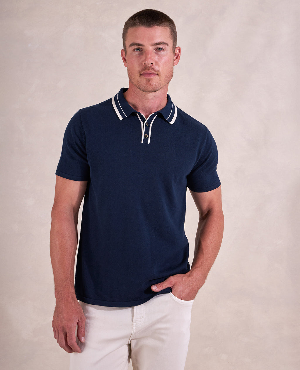 The Callum - Supima Cotton SS Knit Polo w/Tipping - Navy / Ivory